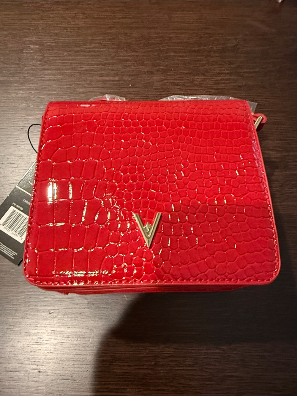 Vanessa Williams Red Croc-Embossed Patent Crossbody Bag with Gold V Accent